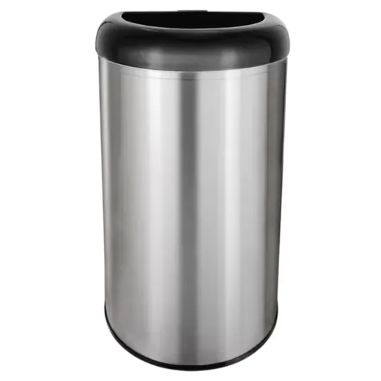 Silver cylindrical trash can with a black lid.