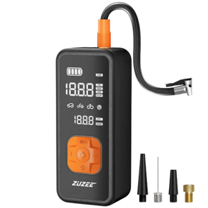 Portable digital tire inflator with a display screen, multiple nozzle attachments, and an adjustable hose for inflating various items like bicycles, cars, and sports equipment.