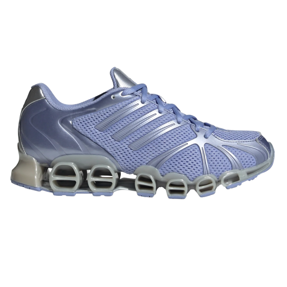 A lavender athletic shoe with a mesh upper, featuring distinctive spring-like cushioning in the sole.