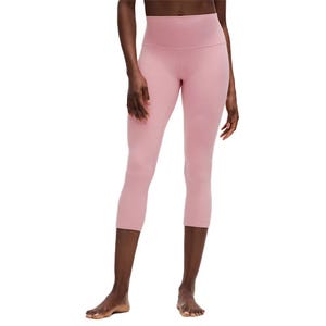 High-waisted, blush pink, lululemon Align cropped leggings featuring a smooth finish with a three-quarter length design.