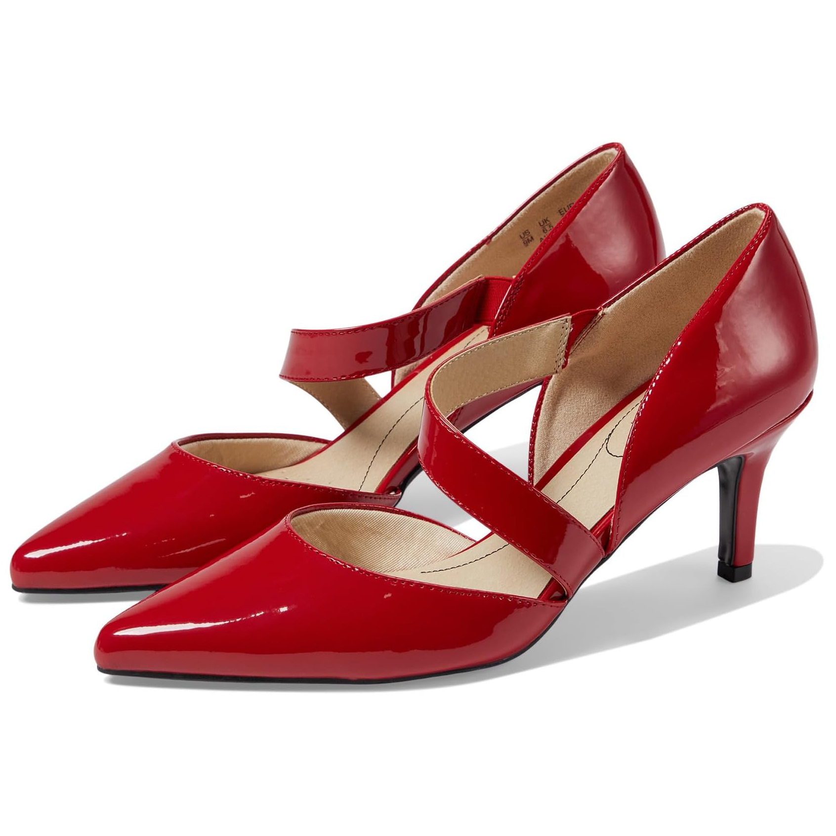 Red patent pumps with pointed toes, a mid-heel, and crisscross straps for a secure fit.