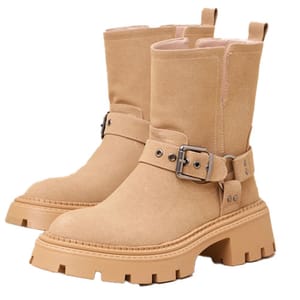 Tan suede ankle boots with chunky lug soles, featuring buckle straps and pull tabs at the top.