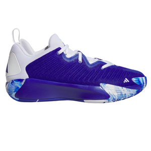 A purple and white athletic shoe featuring a textured design, with a blue and white marbled pattern on the sole and blue midsole.