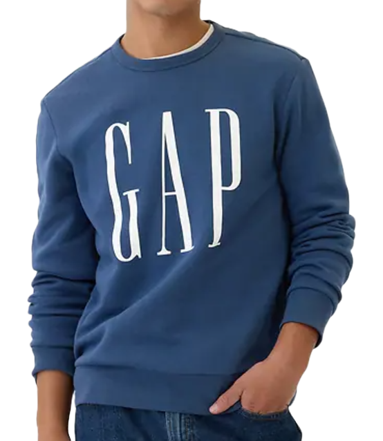 A blue sweatshirt featuring a large, white \“GAP\“ logo on the front, paired with blue jeans. The design is simple and casual, ideal for everyday wear.
