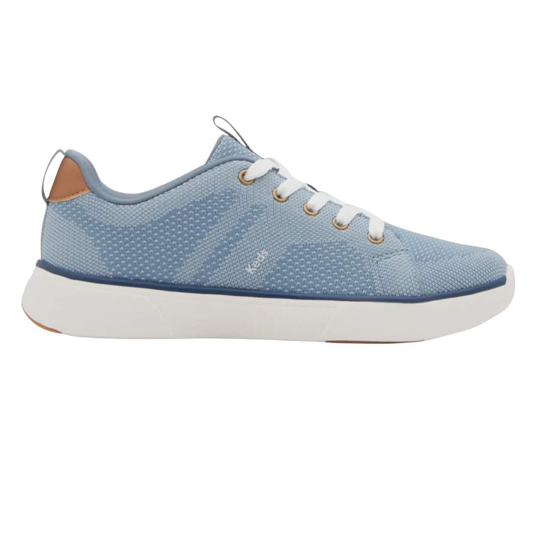 Light blue sneaker with white laces, a white sole, and a small tan detail on the heel.