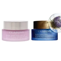 Clarins Multi-Active Jour SPF 20 is an antioxidant day cream targeting fine lines, and Multi-Active Nuit is a revitalizing night cream for normal to dry skin.