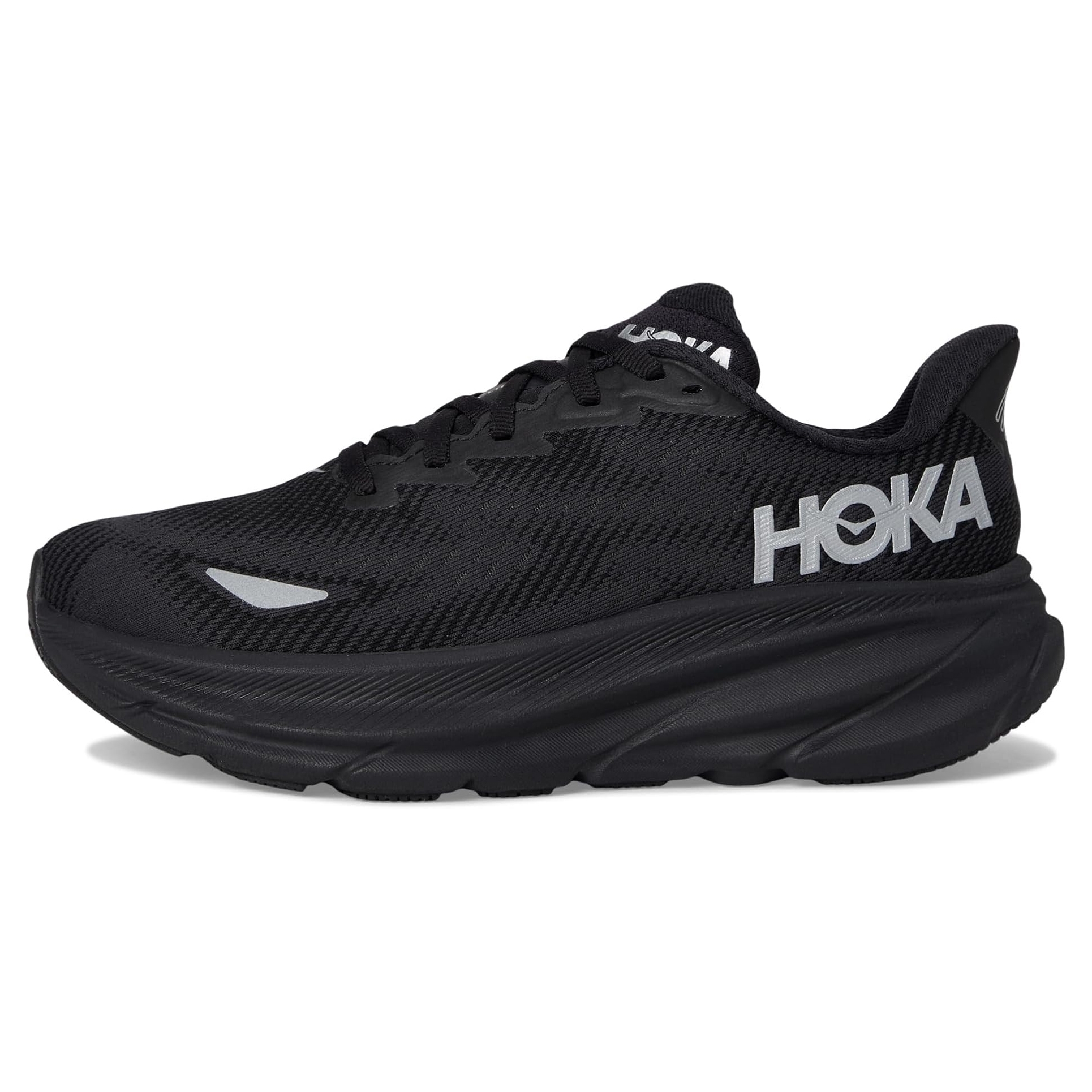 Hoka Clifton 9 GTX Gore Shoes are black athletic shoes with a cushioned sole and a breathable mesh upper. They feature the HOKA logo on the side and are designed for comfort and performance.