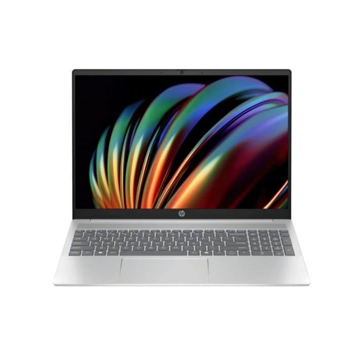 HP Pavilion 16t Laptop features a sleek design with a silver exterior, full QWERTY keyboard, and a vibrant screen displaying colorful graphics; includes a built-in camera above the display.