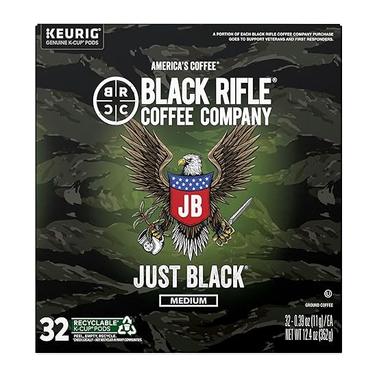 Black Rifle Coffee Company's \“Just Black\“ medium roast in Keurig K-Cup pods, 32 count, supports veterans and first responders.