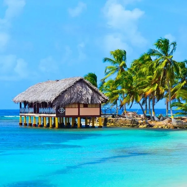 A picturesque overwater bungalow with a thatched roof, surrounded by clear turquoise waters and lush palm trees.