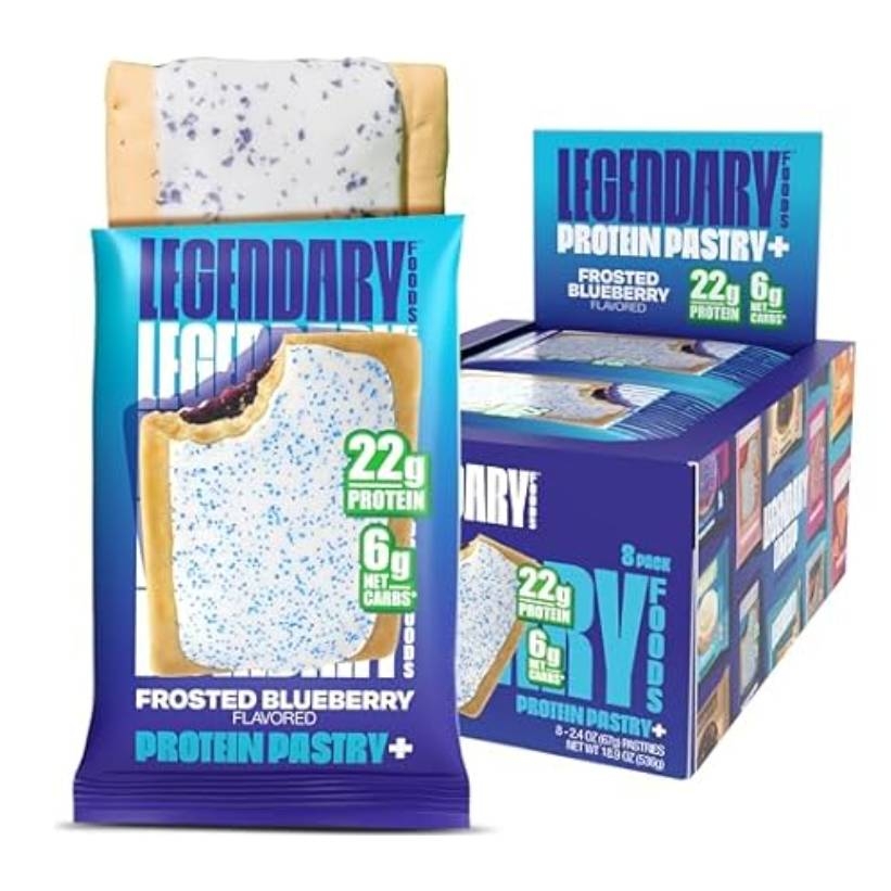 Frosted Blueberry flavored Protein Pastry by Legendary Foods, 8-pack box, each pastry contains 22g protein and 6g net carbs, with a blueberry filling enclosed in a frosted pastry shell.
