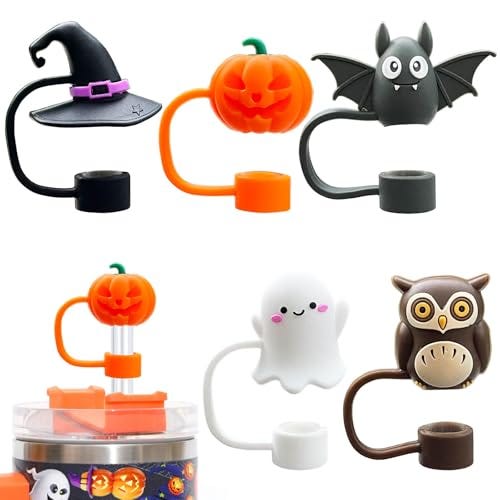 A set of six colorful Halloween-themed straw toppers includes a witch's hat, pumpkin, bat, another pumpkin, ghost, and owl, each attached to a coordinating colored ring to fit on a straw.