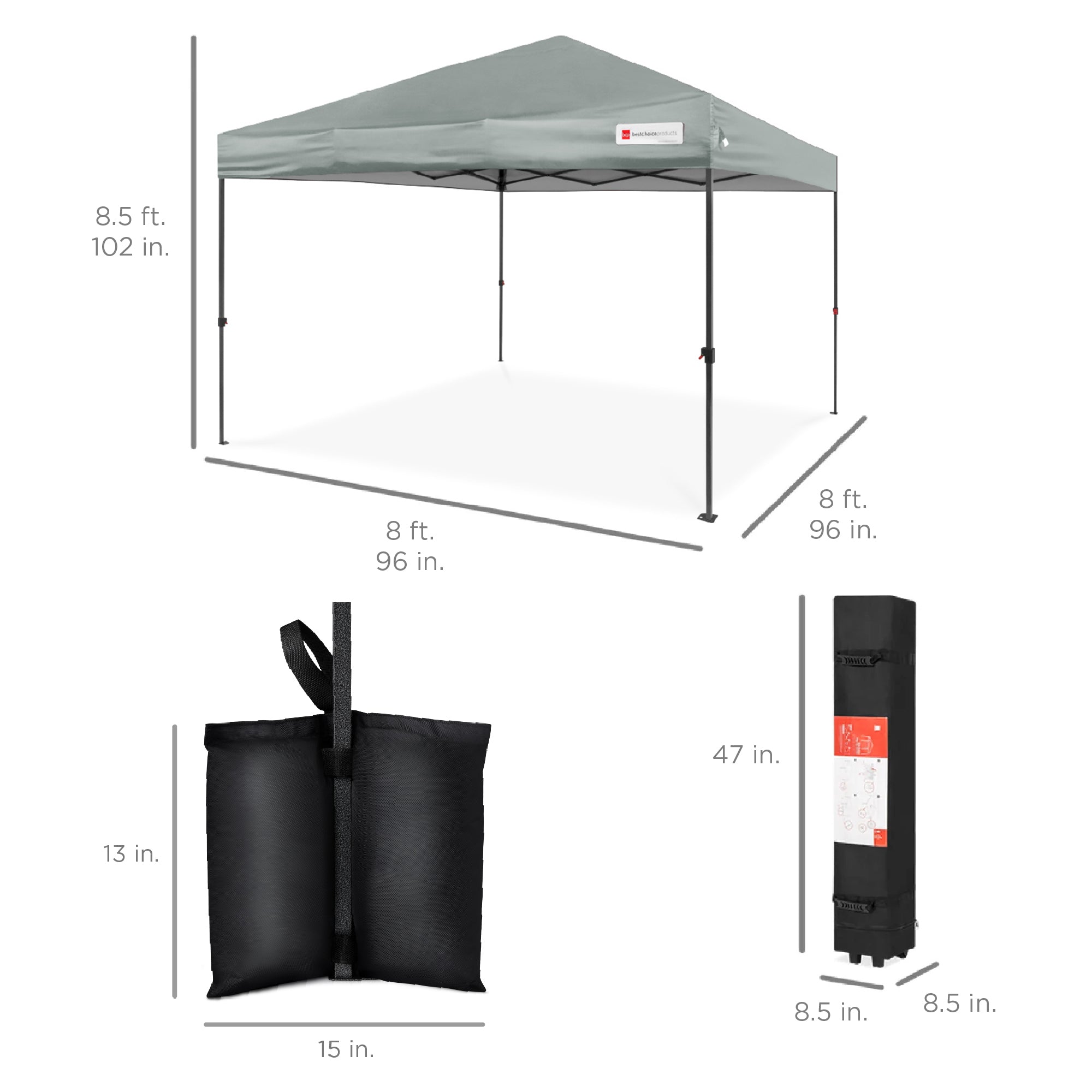 A gray pop-up canopy tent measuring 8.5 ft high, 8 ft wide, and 8 ft deep, with a 13 in. by 15 in. weight bag and a compact 8.5 in. by 47 in. storage case.