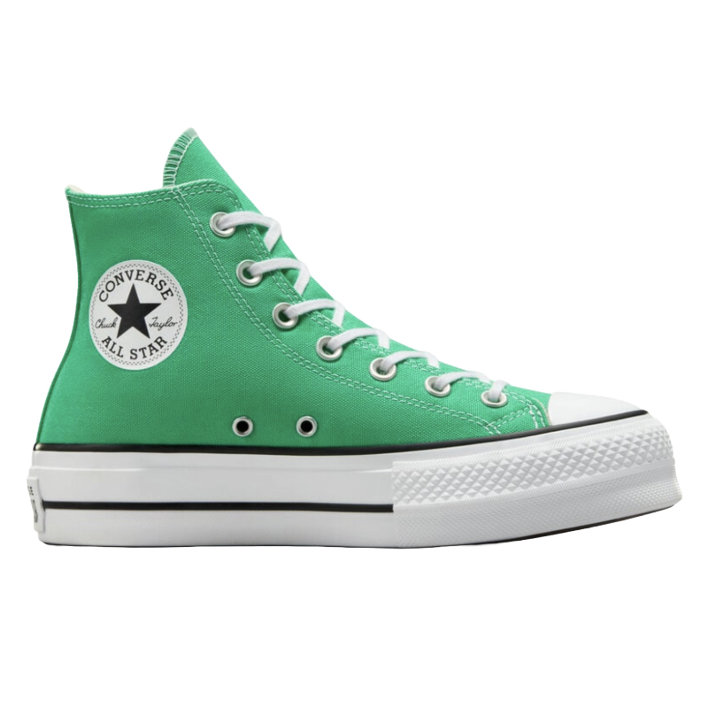 A green Converse Chuck Taylor All Star high-top sneaker with white laces, rubber toe cap, and a black stripe on the white rubber sole.