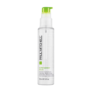 A bottle of Paul Mitchell Super Skinny Serum with a green pump top, designed to smooth and condition hair.