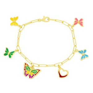 A gold-toned chain bracelet with colorful butterfly and heart charms in yellow, green, pink, blue, and red.