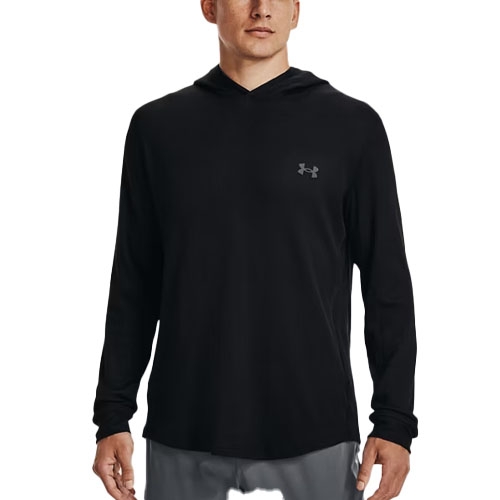 A black long-sleeve hooded shirt featuring a small Under Armour logo on the chest, worn by a male model.