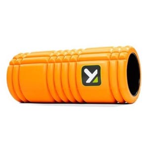 Orange foam roller with a black hollow core and textured surface for muscle therapy, featuring a Y-shaped logo.