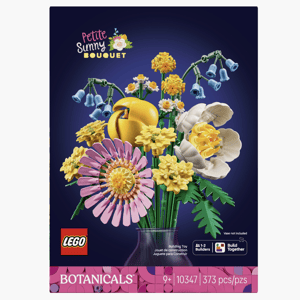 LEGO Botanicals \“Petite Sunny Bouquet\“ set, model number 10347, consists of 373 pieces. Suitable for ages 9 and up, it's designed for 1-2 builders. Vase not included.