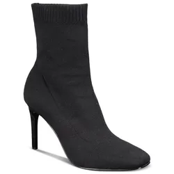 Black sock bootie with a pointed toe and high stiletto heel, featuring a stretchy knit material for a snug fit.
