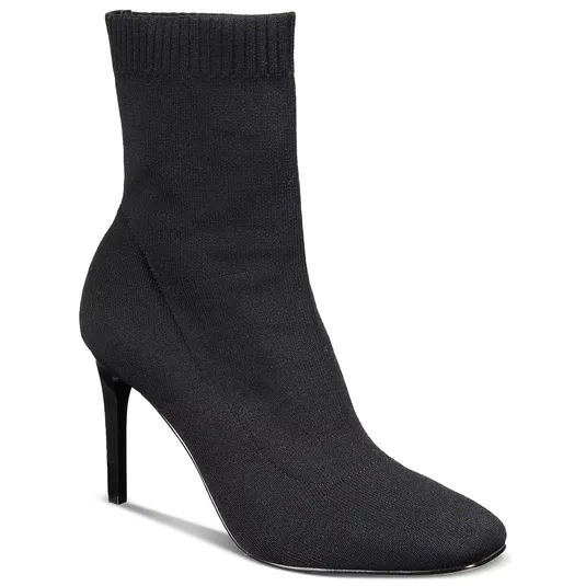 Black sock bootie with a pointed toe and high stiletto heel, featuring a stretchy knit material for a snug fit.