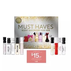 Belk's \“Must Haves\“ Scent Discovery for Her includes samples of various perfumes, presented with a $15 discount card. The set features small vials from multiple fragrance brands, ideal for trying different scents.