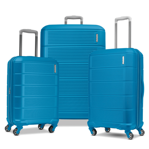 Three blue hard-shell suitcases with spinner wheels and telescopic handles, available in small, medium, and large sizes, are displayed.