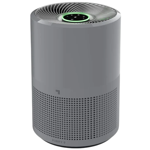 A cylindrical air purifier with a perforated lower section for air intake, featuring a digital display and control panel on top.