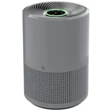 A cylindrical air purifier with a perforated lower section for air intake, featuring a digital display and control panel on top.