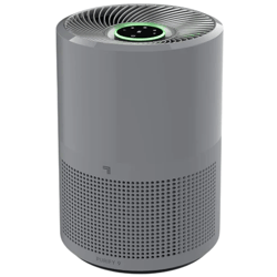 A cylindrical air purifier with a perforated lower section for air intake, featuring a digital display and control panel on top.