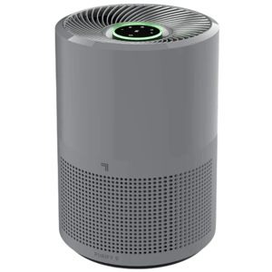 A cylindrical air purifier with a perforated lower section for air intake, featuring a digital display and control panel on top.