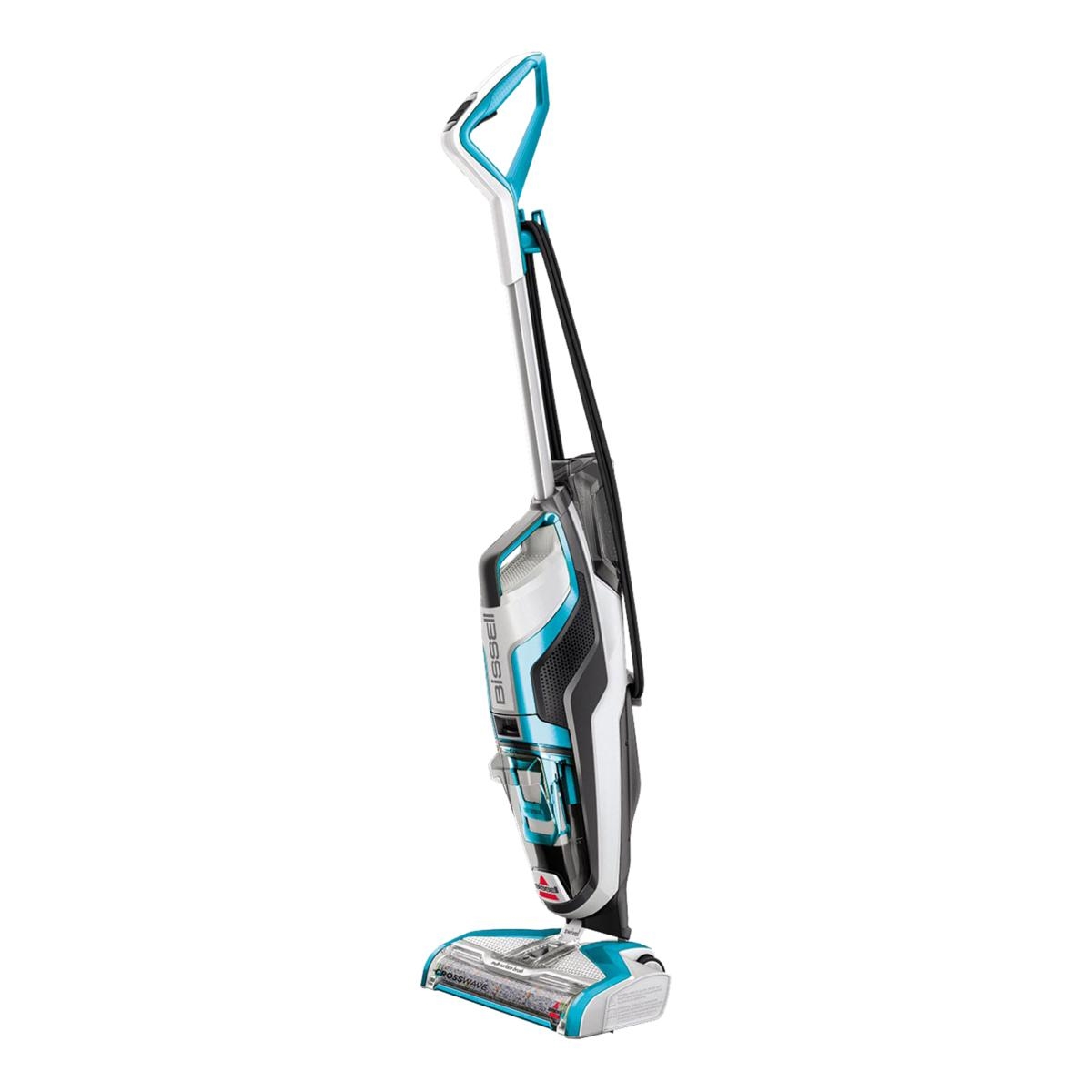 Bissell CrossWave Turbo is a wet and dry vacuum cleaner with a sleek design featuring a blue and white color scheme, designed to clean multiple surfaces by washing and vacuuming simultaneously.