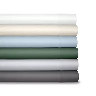 A stack of six rolled-up bed sheets in various colors: white, cream, light blue, dark green, light gray, and dark gray.