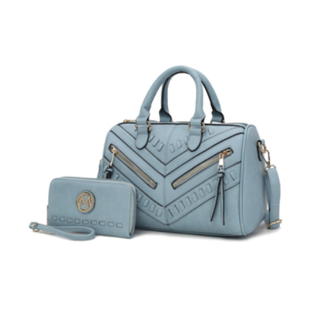 A light blue handbag with a matching wallet, both featuring a chevron pattern and metallic accents.