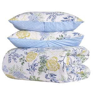 A 3-piece comforter set featuring a floral design with blue, yellow, and green accents on a white background, accompanied by two pillow shams with a coordinating light blue geometric pattern.