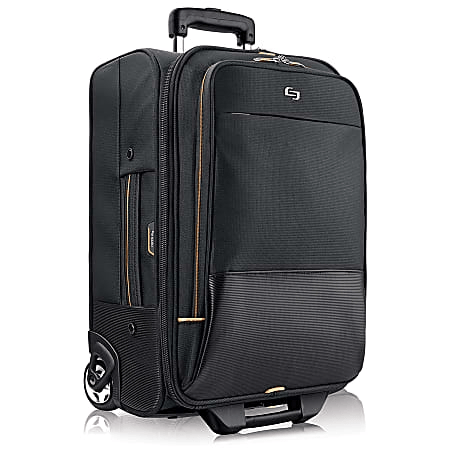 A black rolling suitcase with an expandable handle and side pockets, featuring a small logo on the front panel and two wheels at the base.