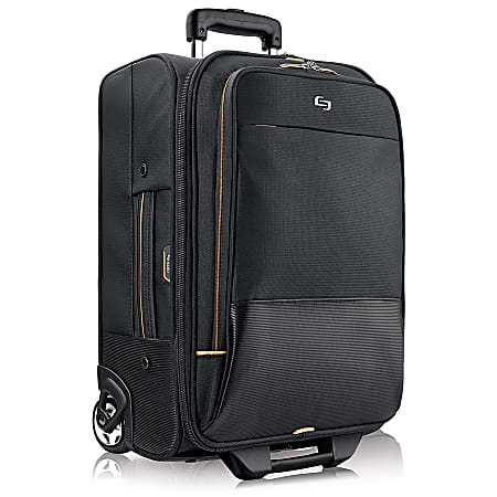 A black rolling suitcase with an expandable handle and side pockets, featuring a small logo on the front panel and two wheels at the base.