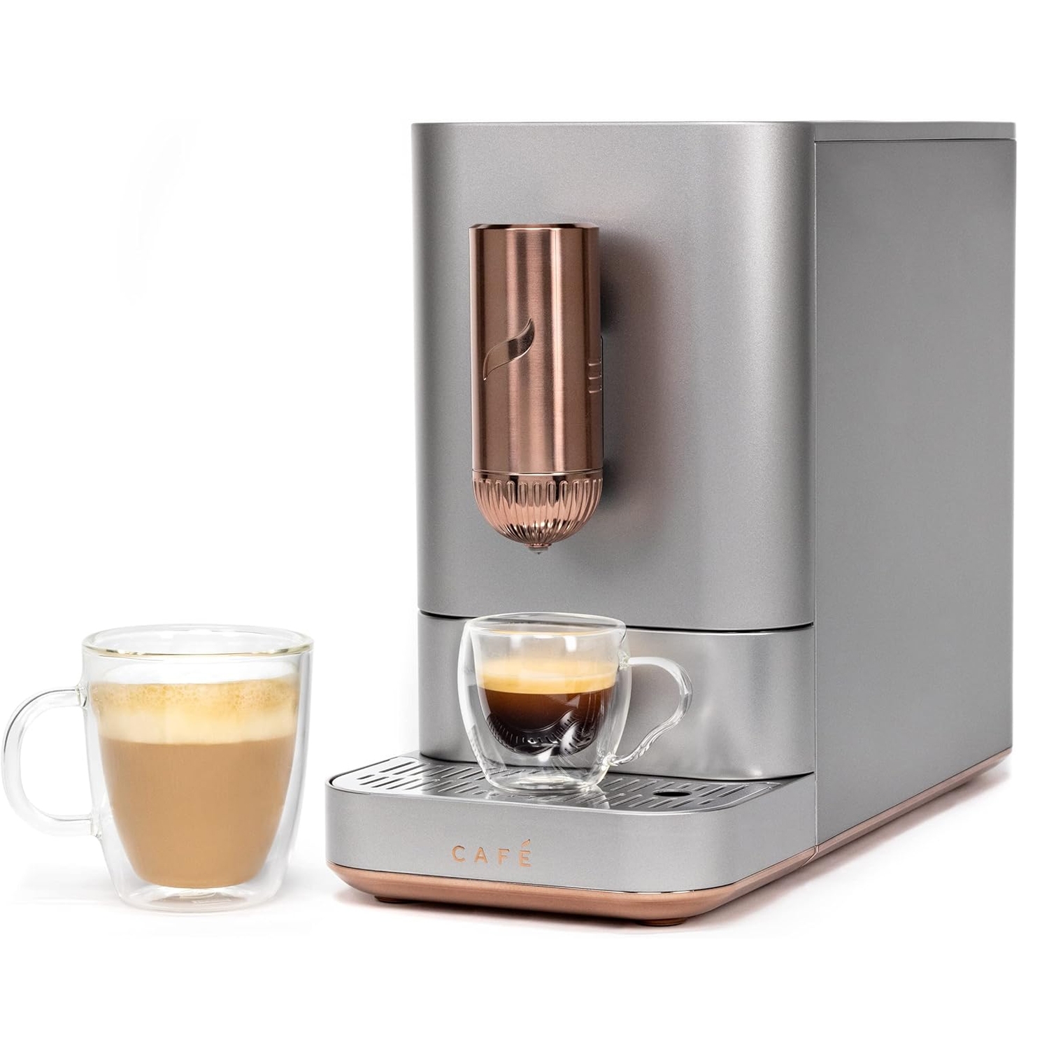 A sleek, modern espresso machine with a metallic finish and copper accents is shown beside two clear coffee cups filled with espresso and cappuccino.