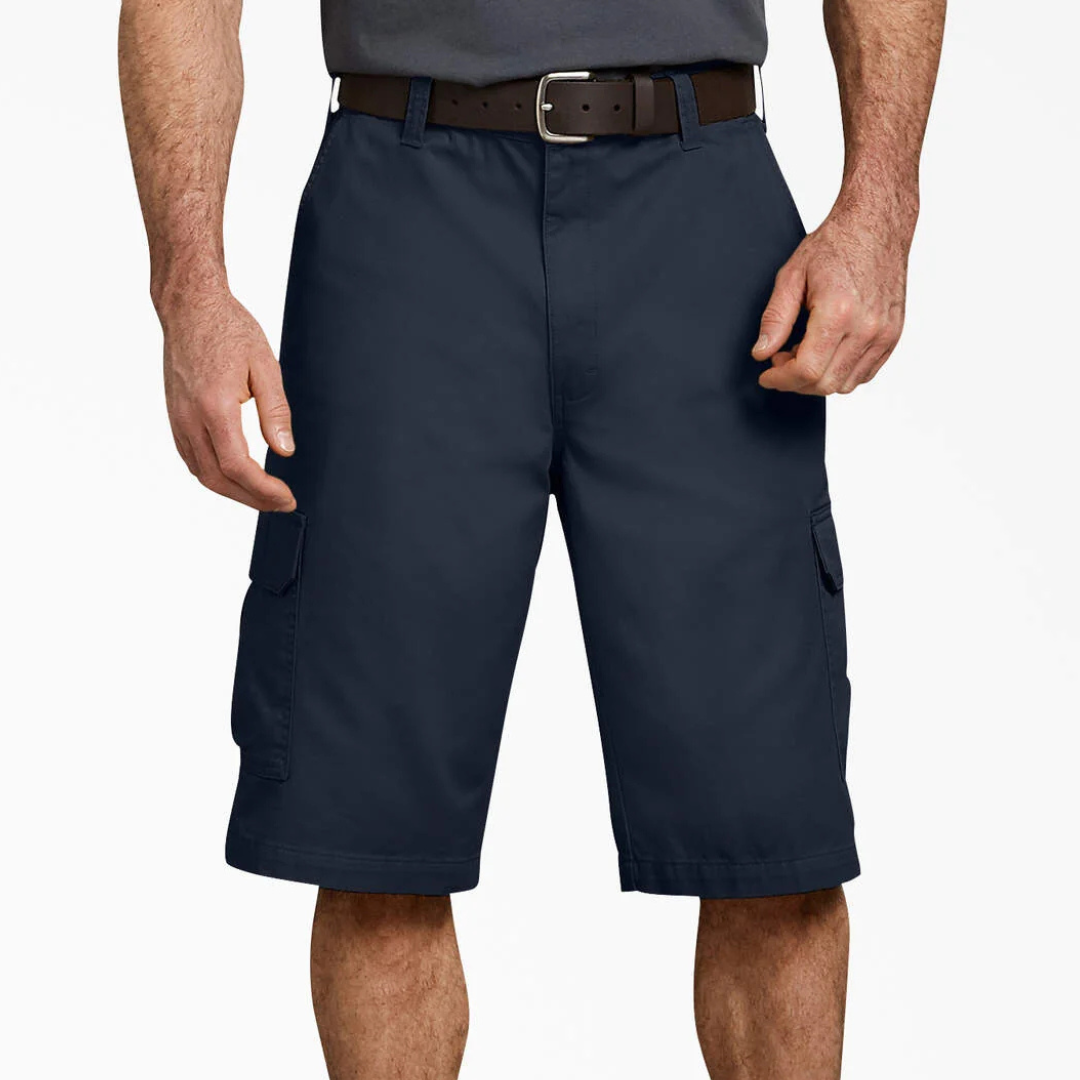 Navy blue cargo shorts with a dark belt, featuring multiple pockets for functionality.