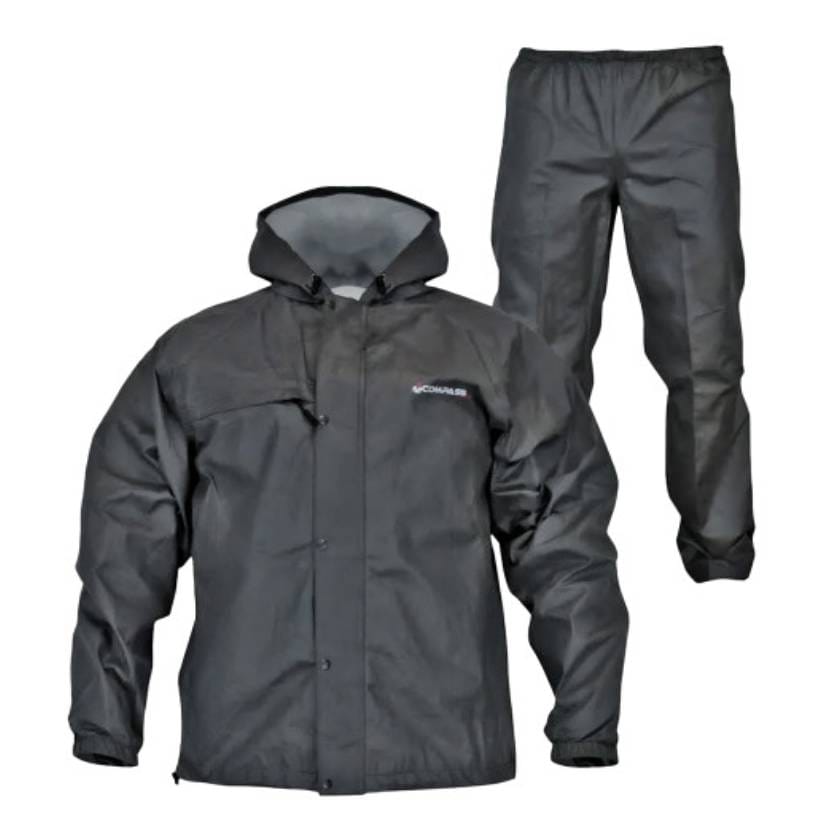 Black two-piece rain suit consisting of a hooded jacket and pants, both with a waterproof material finish.