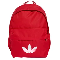 A red backpack featuring a bold white Adidas trefoil logo on the front pocket.