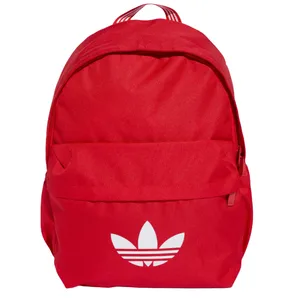 A red backpack featuring a bold white Adidas trefoil logo on the front pocket.