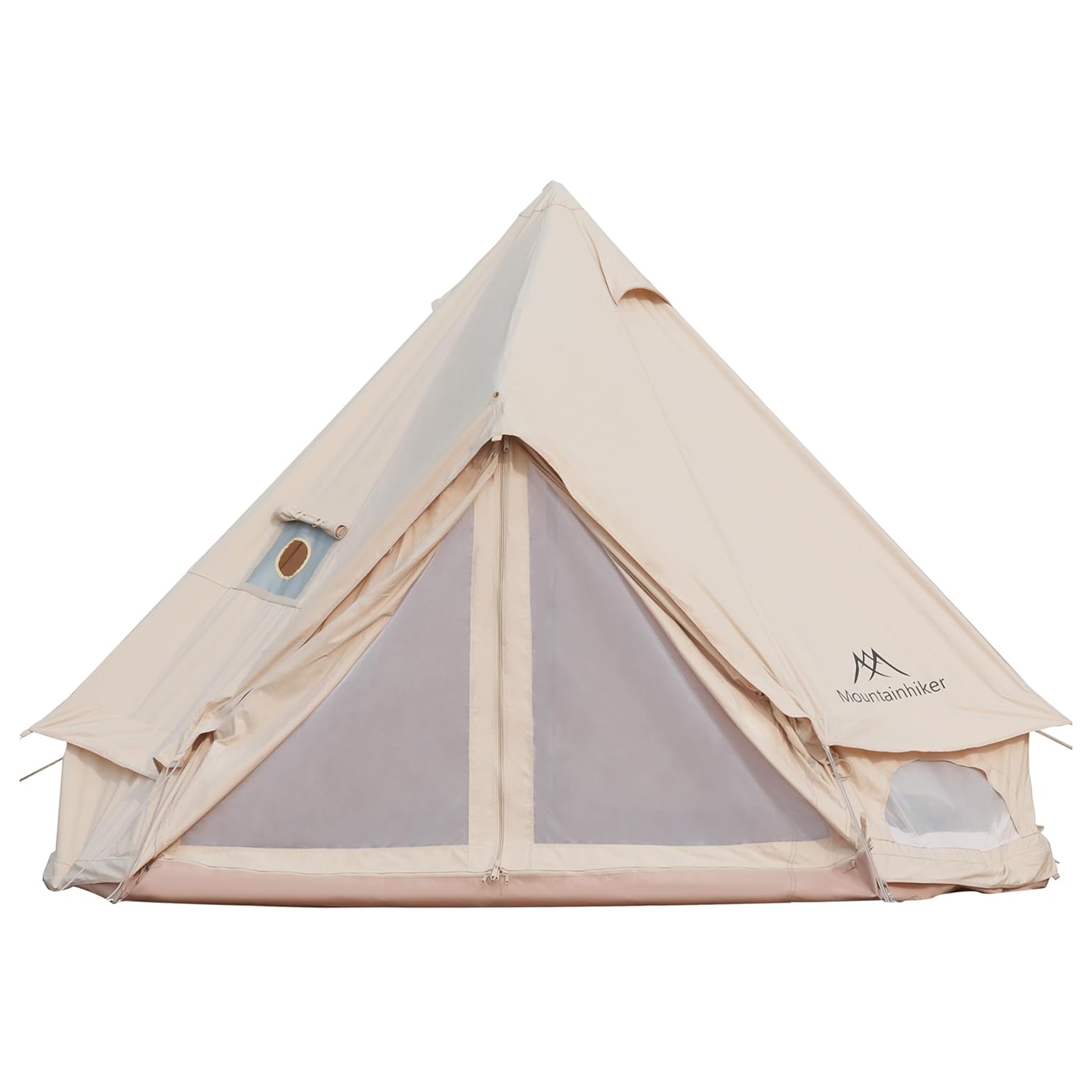 A beige, triangular-shaped glamping tent features a front zippered entrance, large mesh windows, and \“Mountainhiker\“ branding on the side.