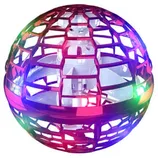 A colorful, geometric-patterned flying orb toy with built-in LED lights, designed for outdoor play and entertainment.