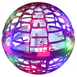 A colorful, geometric-patterned flying orb toy with built-in LED lights, designed for outdoor play and entertainment.