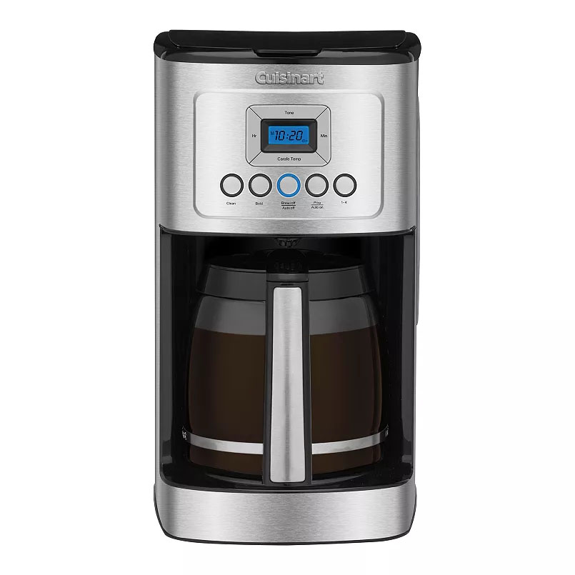 Cuisinart coffee maker with a stainless steel finish, digital display, and a glass carafe.