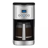 Cuisinart coffee maker with a stainless steel finish, digital display, and a glass carafe.