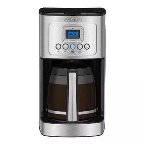 Cuisinart coffee maker with a stainless steel finish, digital display, and a glass carafe.