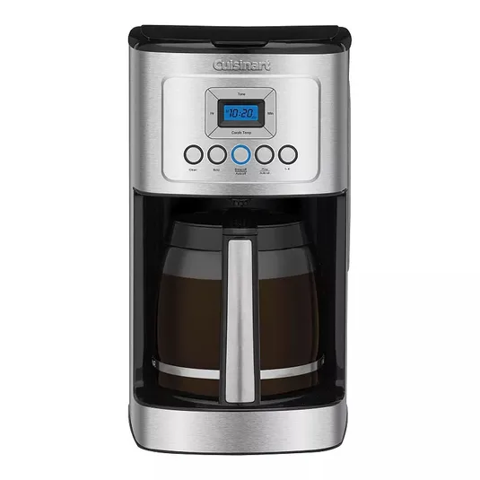 Cuisinart coffee maker with a stainless steel finish, digital display, and a glass carafe.
