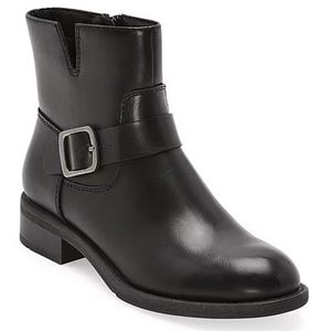 Black leather ankle boots with a low heel, featuring a strap with a silver buckle and a side zipper for easy access.